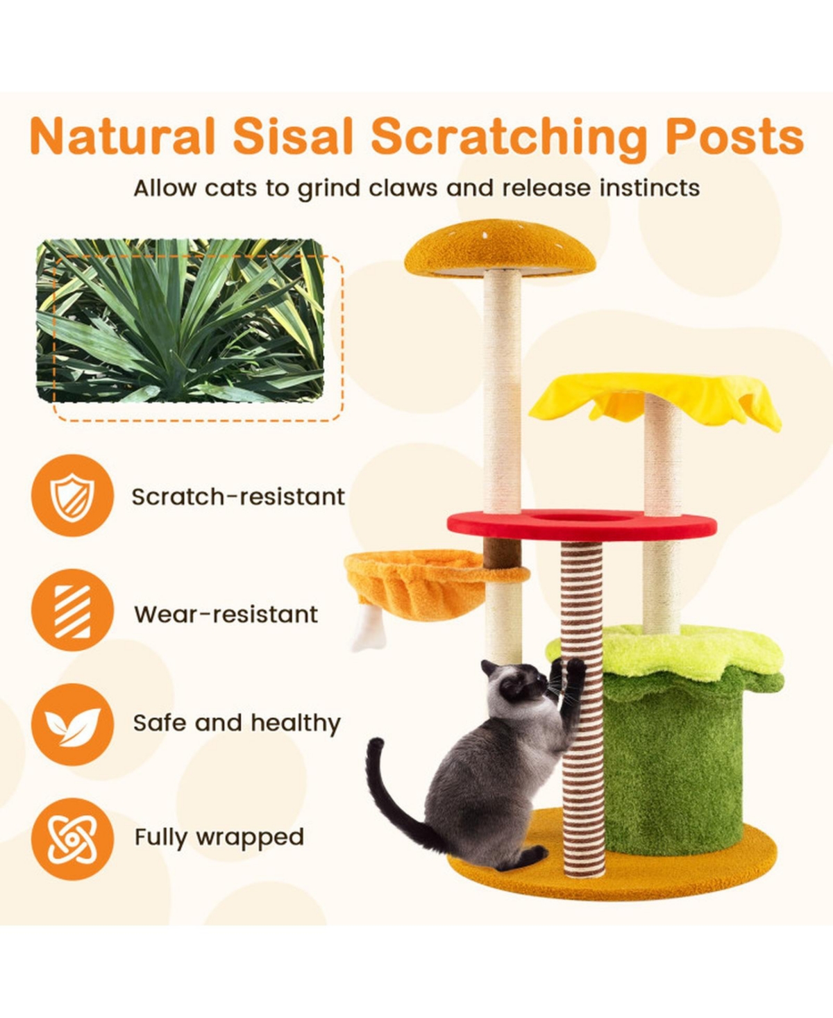 Sugift 46 in Tall Multi-Level Cat Tree with Padded Perch Hanging Basket Bed and Condo