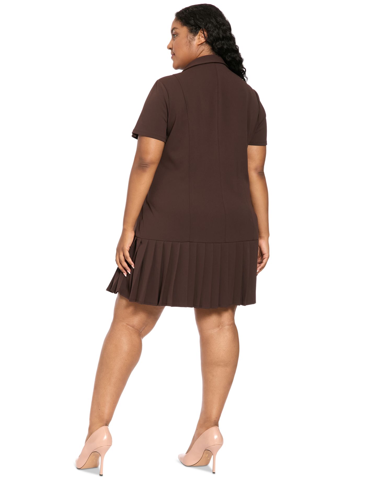 Plus Size Collared Short-Sleeve Pleated Dress