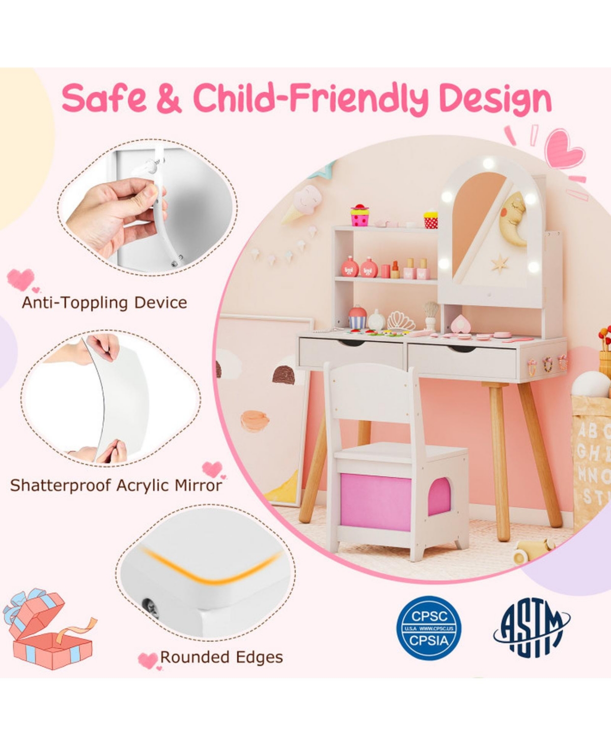 Sugift Kids Vanity Set Pretend Play Dressing Table with 3-Color Lighting Modes Adjustable Brightness