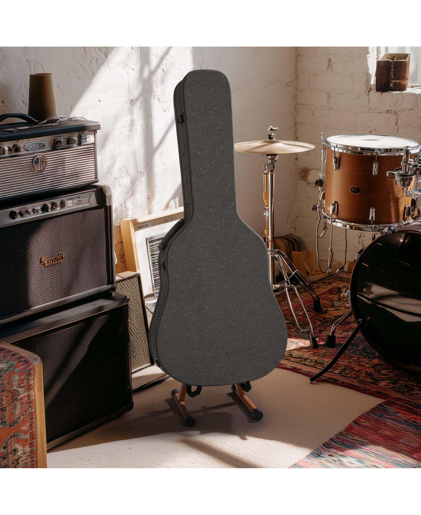 Детские фигурки Yescom Wooden Folding Guitar Stand with Foam Arms fits for Acoustic Guitars, Ukuleles, Violins A-frame Floor Instrument Display Recording Studios, цвет: Коричневый — фото 2