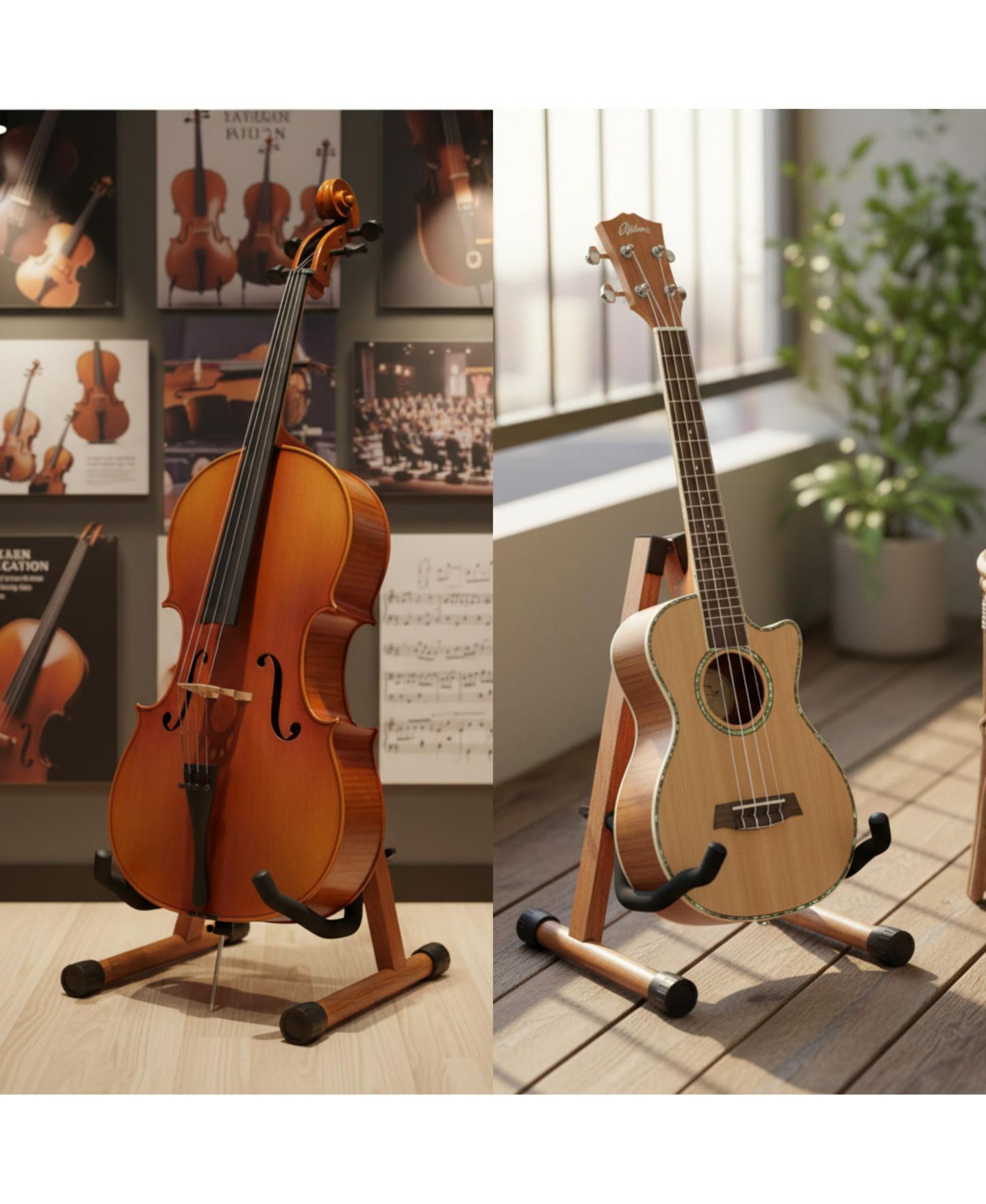 Детские фигурки Yescom Wooden Folding Guitar Stand with Foam Arms fits for Acoustic Guitars, Ukuleles, Violins A-frame Floor Instrument Display Recording Studios, цвет: Коричневый — фото 9