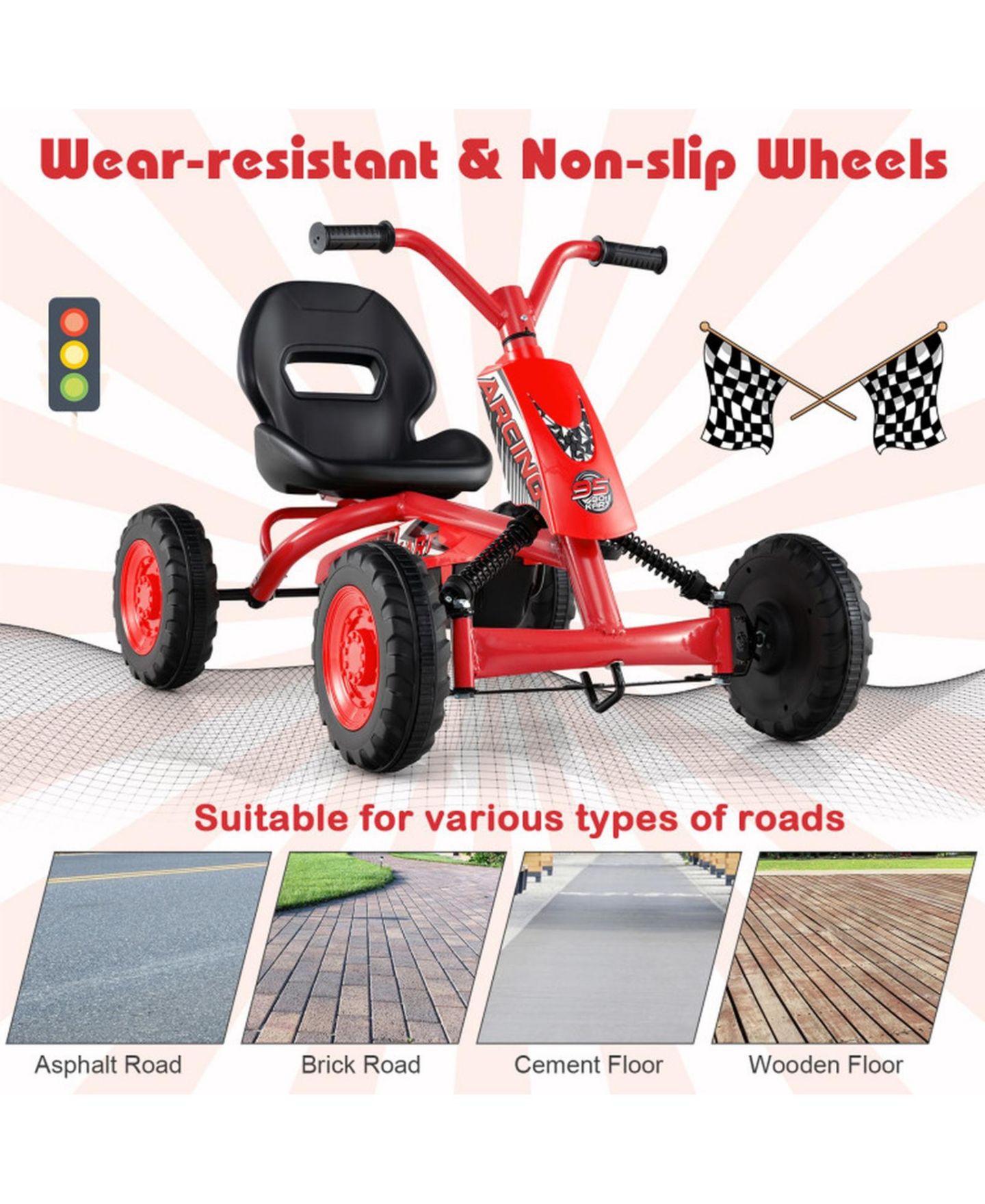 Детская игрушка SUGIFT Kids 4-Wheel Go Kart with Adjustable Seat and Steering Handlebars, Supports up to 66 lbs, Ages 3+, цвет: Красный — фото 5