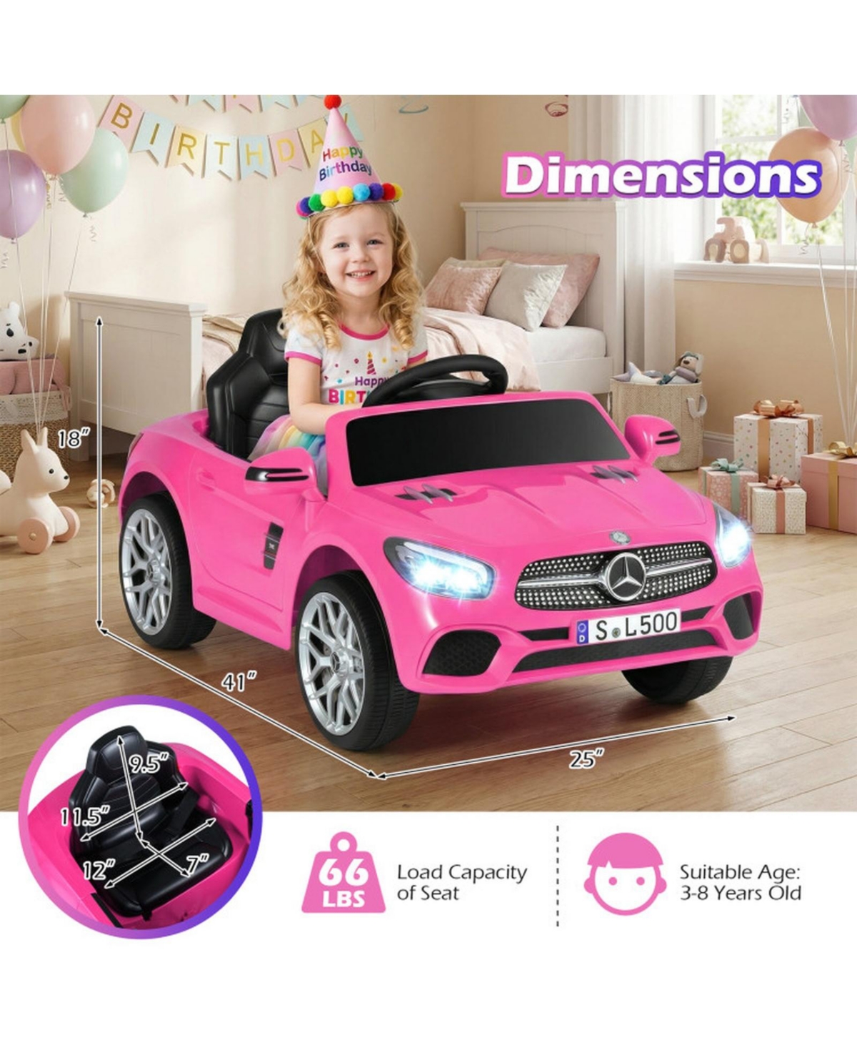 Sugift 12V Kids Ride On Car With Remote Control and Music, Ages 3-8