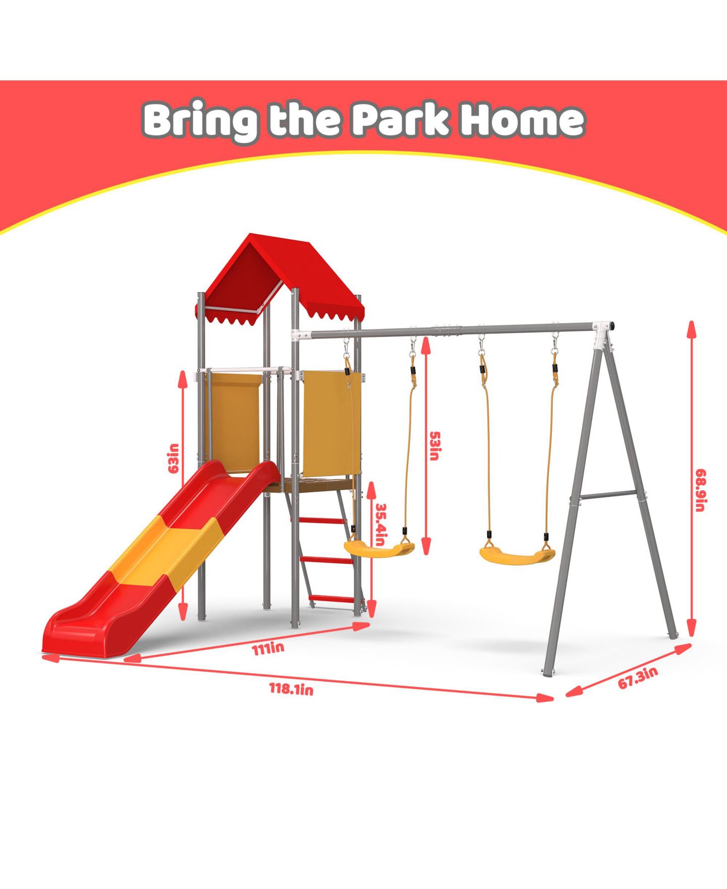 Детские игрушки ZENY Metal and Plastic Treehouse Swing Set with Slide, Belt Swings, and Canopy - Safe, Sturdy, and Portable for Kids Ages 3-8, цвет: Оранжевый красный — фото 6