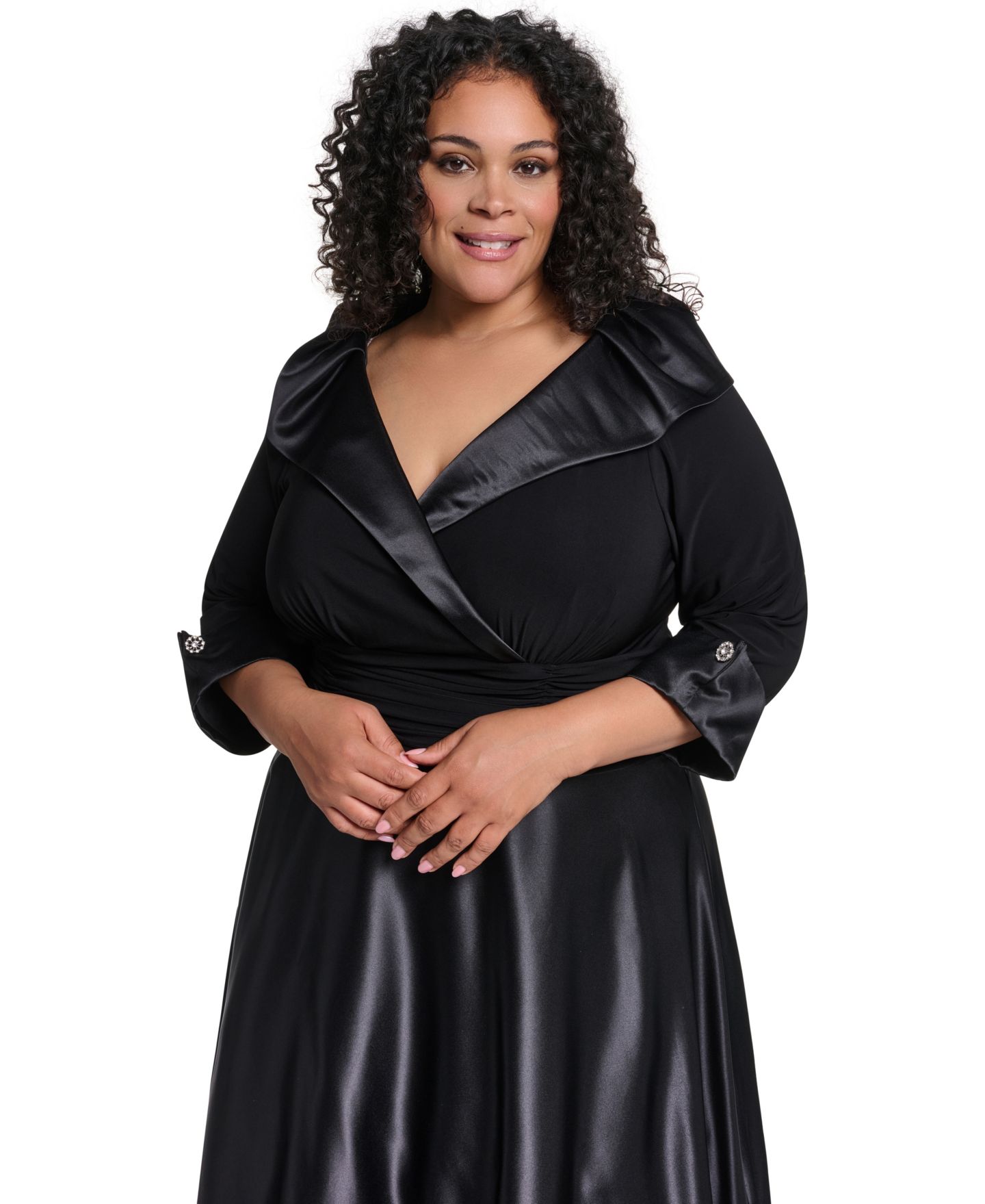 Женское платье Jessica Howard Plus Size V-Neck 3/4 Rhinestone Cuff Satin, цвет: Чёрный — фото 2