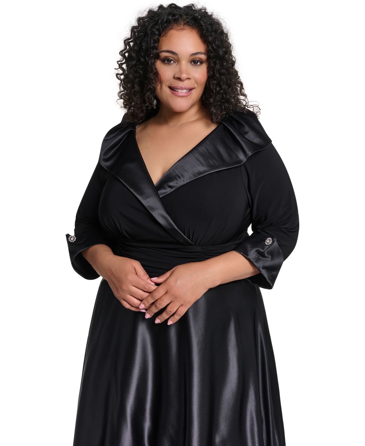 Plus Size V-Neck 3/4 Rhinestone Cuff Satin Dress