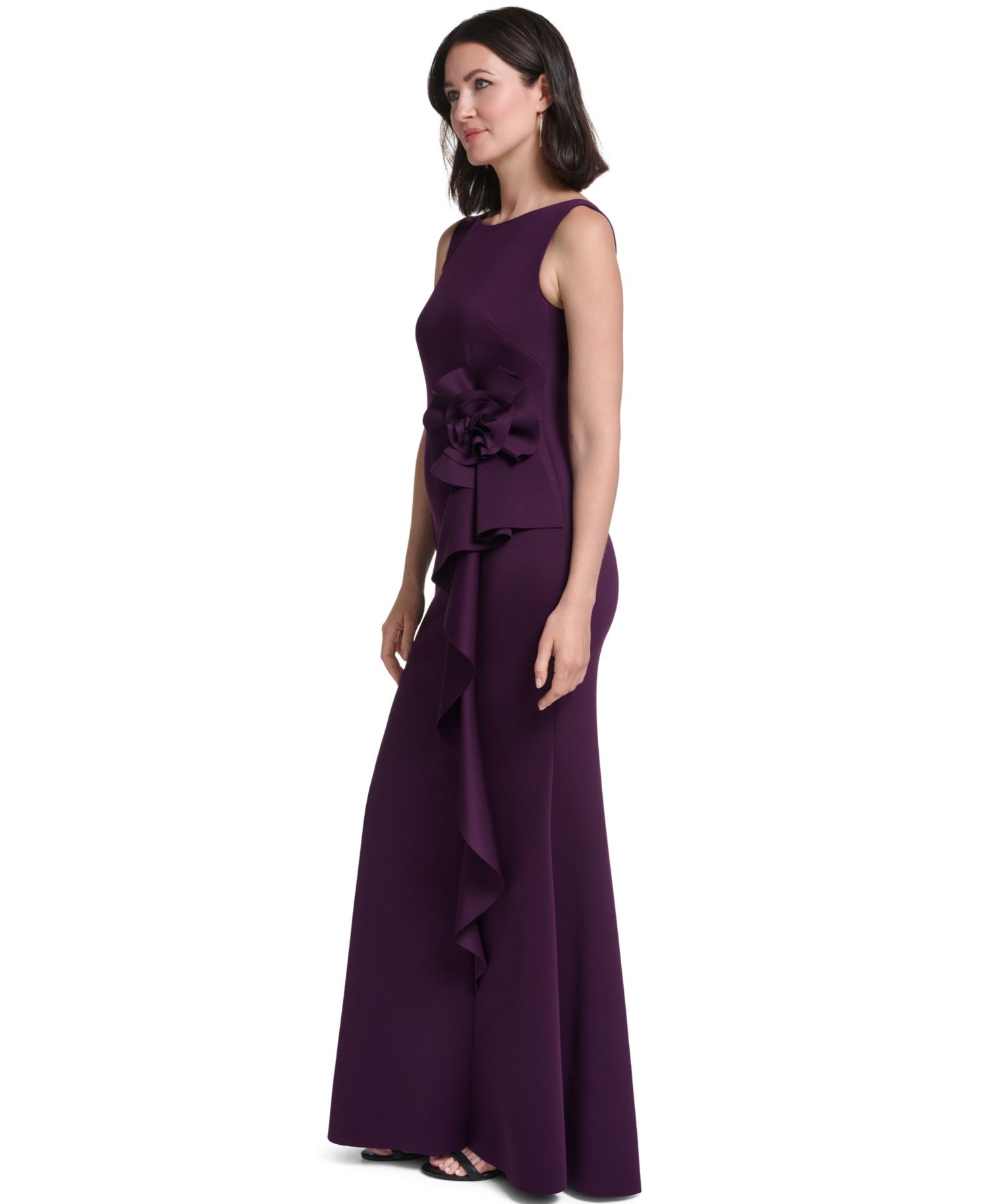 Petite Cascade Boat Neck Sleeveless Ruffle Gown