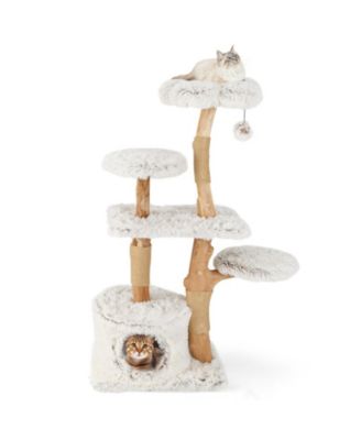 53 in Modern Wooden Cat Tree Tower with Natural Branch Jute Scratching Posts and Condo