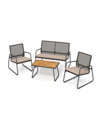 4-Piece Patio Furniture Set with Acacia Wood Table and Zippered Cushions