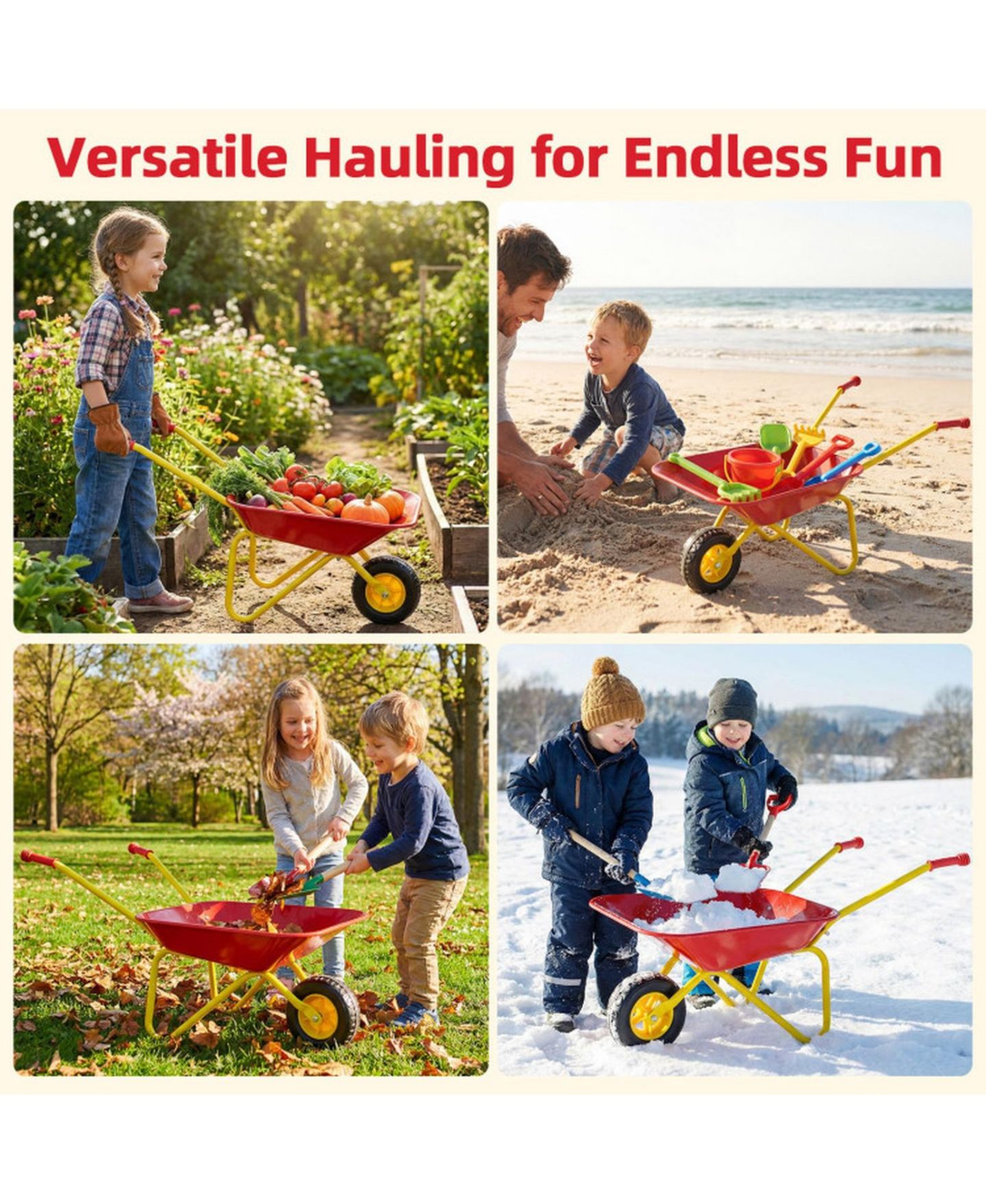 Детская игрушка HONGGE Kids Metal Wheelbarrow with All-Terrain Wheels and Anti-Slip Handles, Ages 3+, цвет: Красный — фото 6