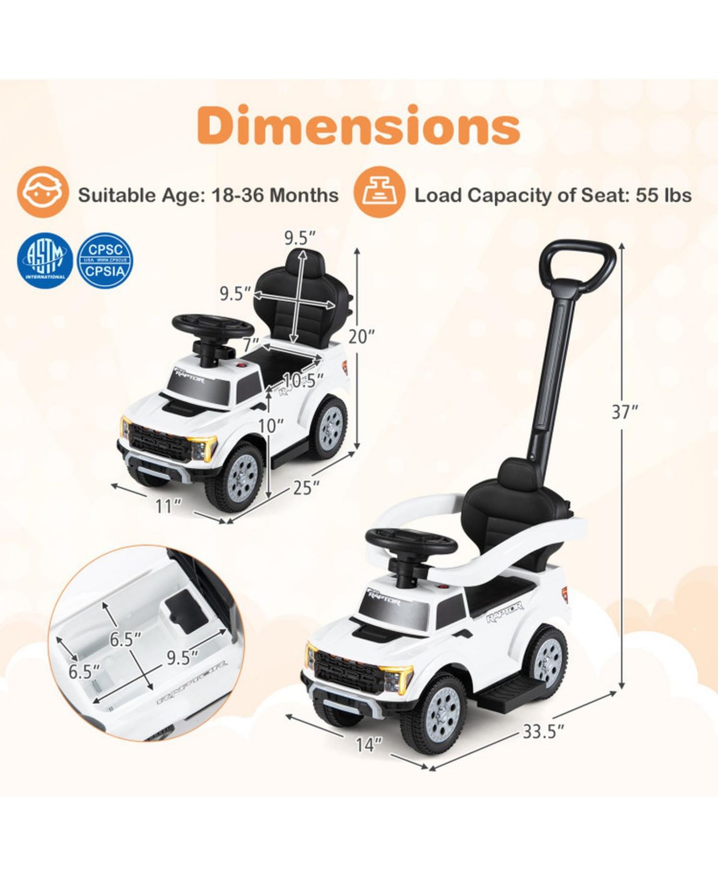 Детская игрушка HONGGE 3-in-1 Kids Ride-On Push Car with LED Lights and Under-Seat Storage, Ages 1.5-3, цвет: Белый — фото 3