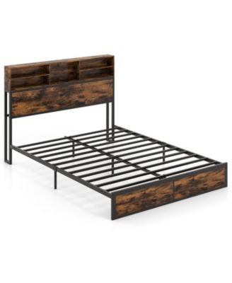 Queen Size Industrial Metal Platform Bed with Storage Headboard and Charging Station