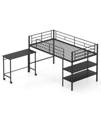 Twin Size Metal Loft Bed with Rolling Desk and Bookshelf Ladder