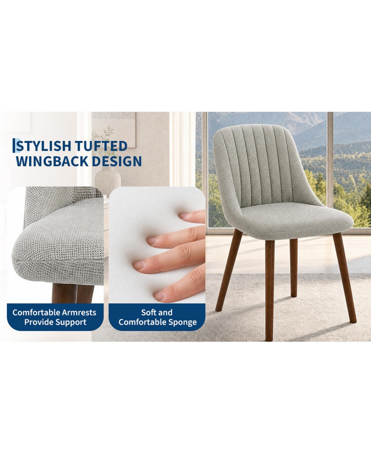 Gaomon Set of 2 Mid Century Modern Fabric Dining Chairs, High Back Upholstered Side Accent Chairs with Wood Legs for Kitchen Living Room Bedroom