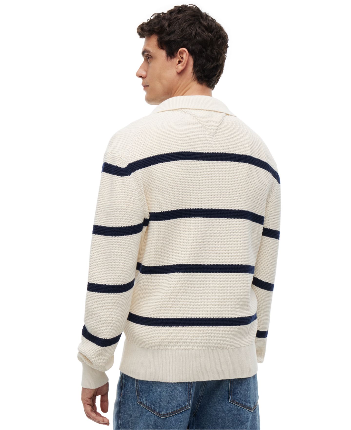 Мужской свитер Tommy Hilfiger Waffle Structure Rugby Sweater, цвет: Слоновая кость / Карбоновый тёмно-синий — фото 3