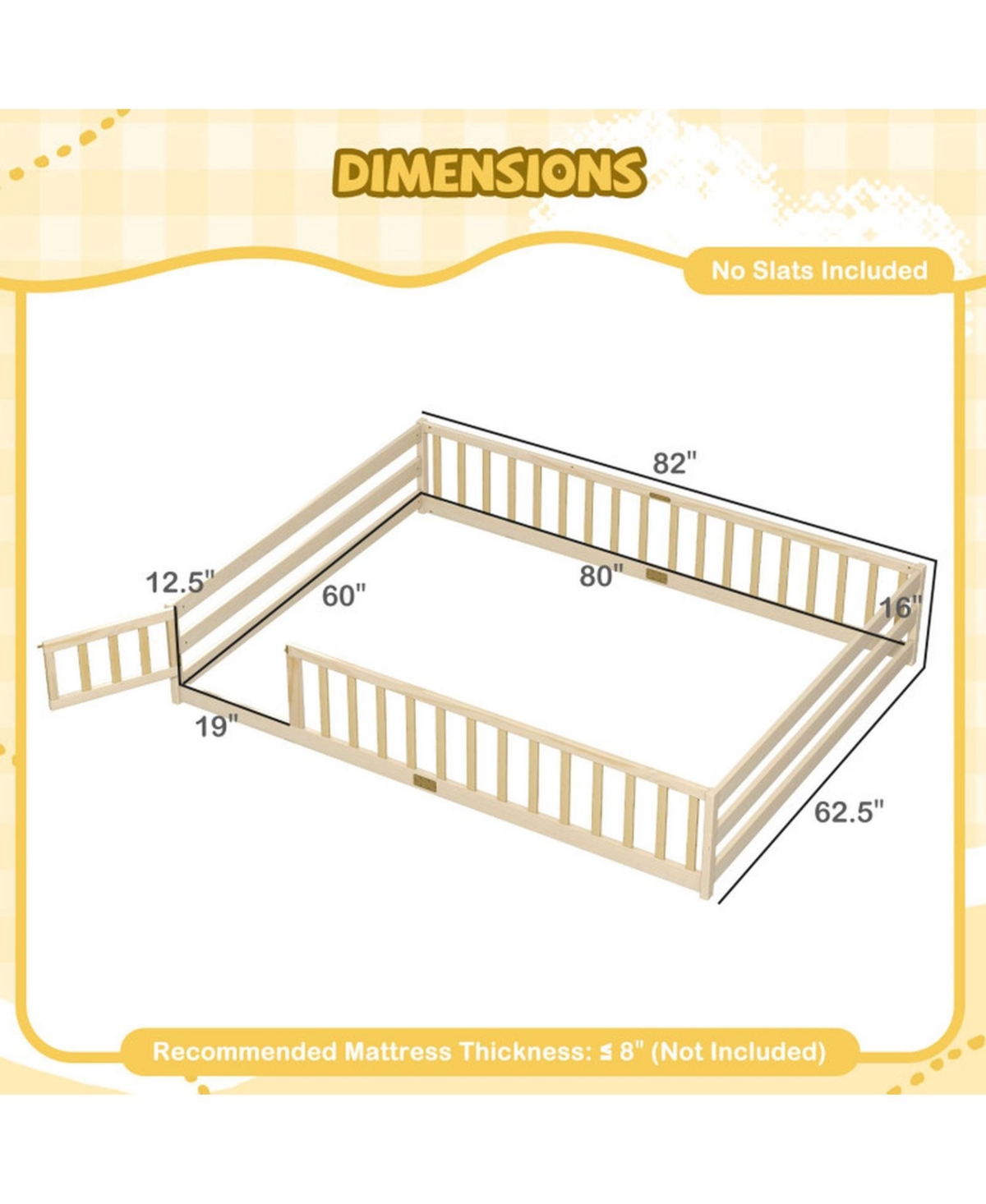 Sugift Queen Size Montessori Floor Bed with Full-Length Guardrails and Lockable Door