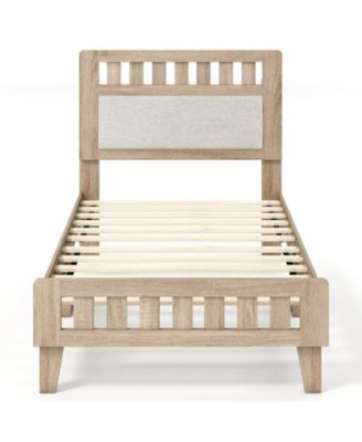Twin Size Mid-Century Wood Bed Frame with Upholstered Headboard