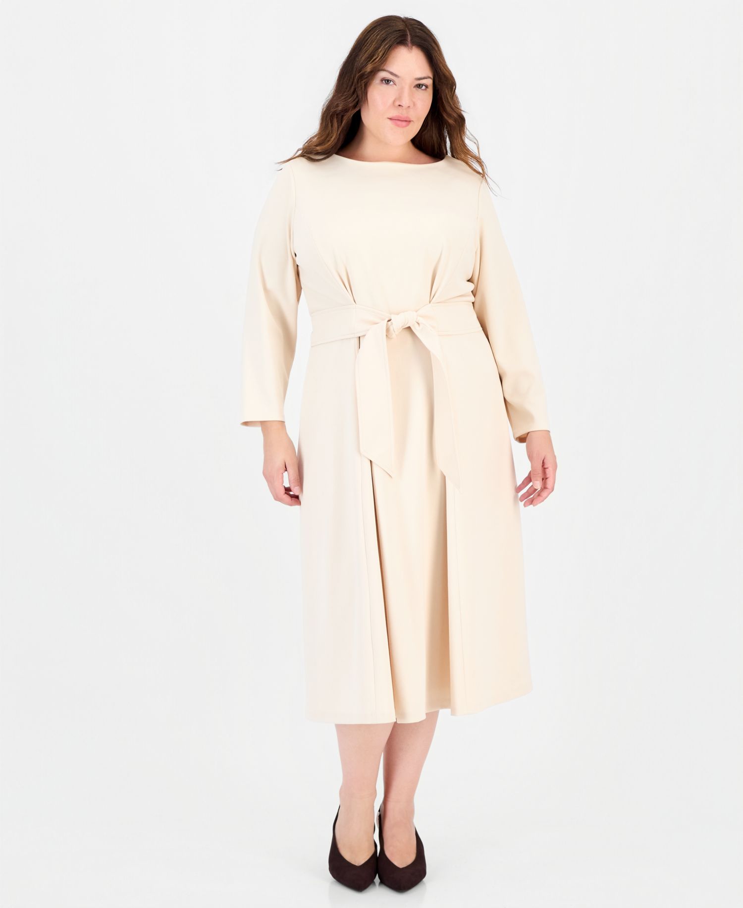 Plus Size Aline Tie Waist Midi Long-Sleeve Dress