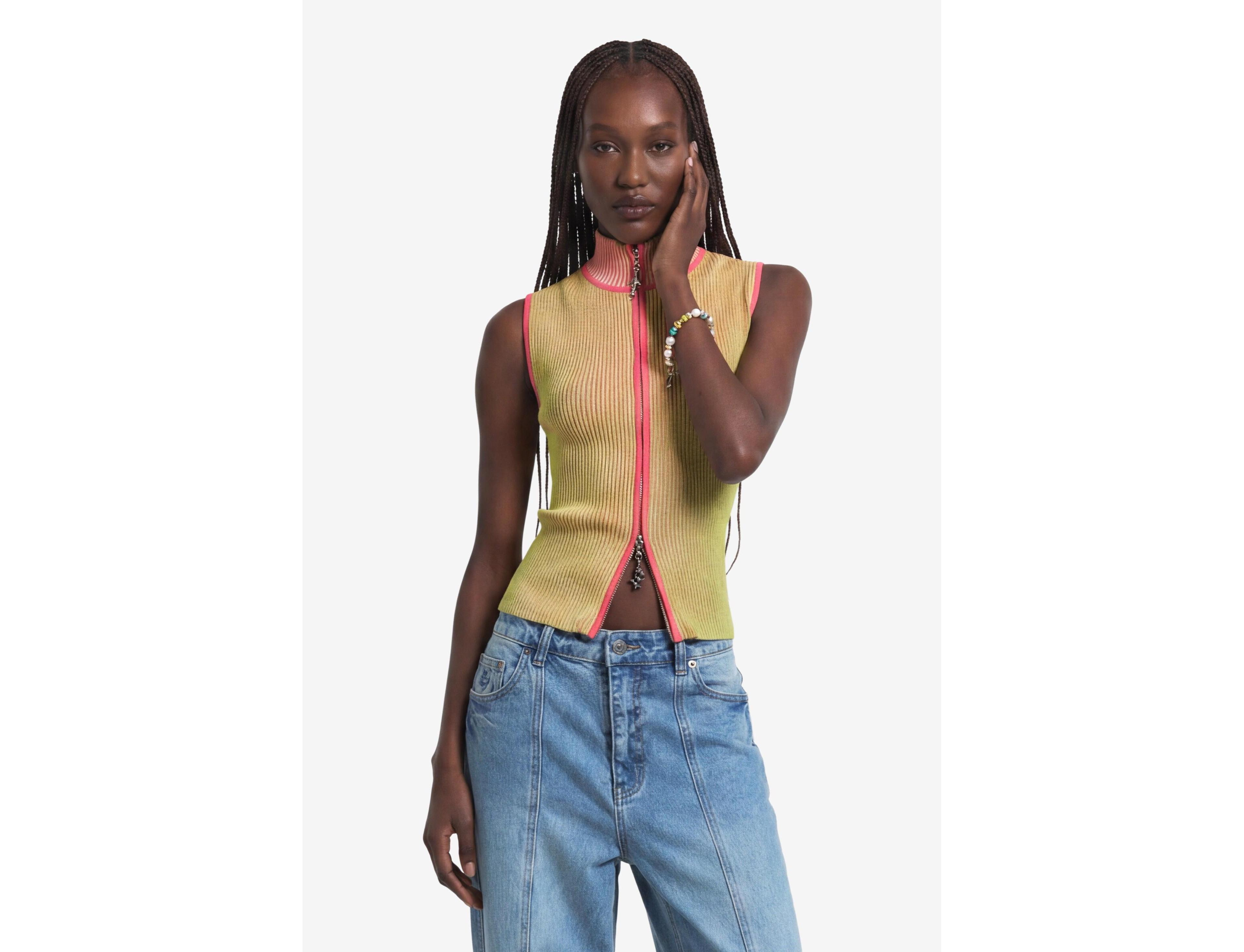 Desigual Women's Halter Neck Iridescent Knit Zip-Front T-Shirt