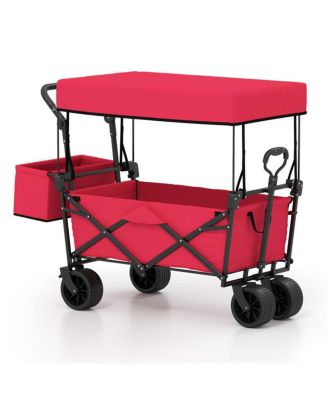 Foldable Utility Wagon,Adjustable Handle Outdoor Wagon, Puncture-Proof Wheels with Brakes, Removable Bag and Side Pockets-Red