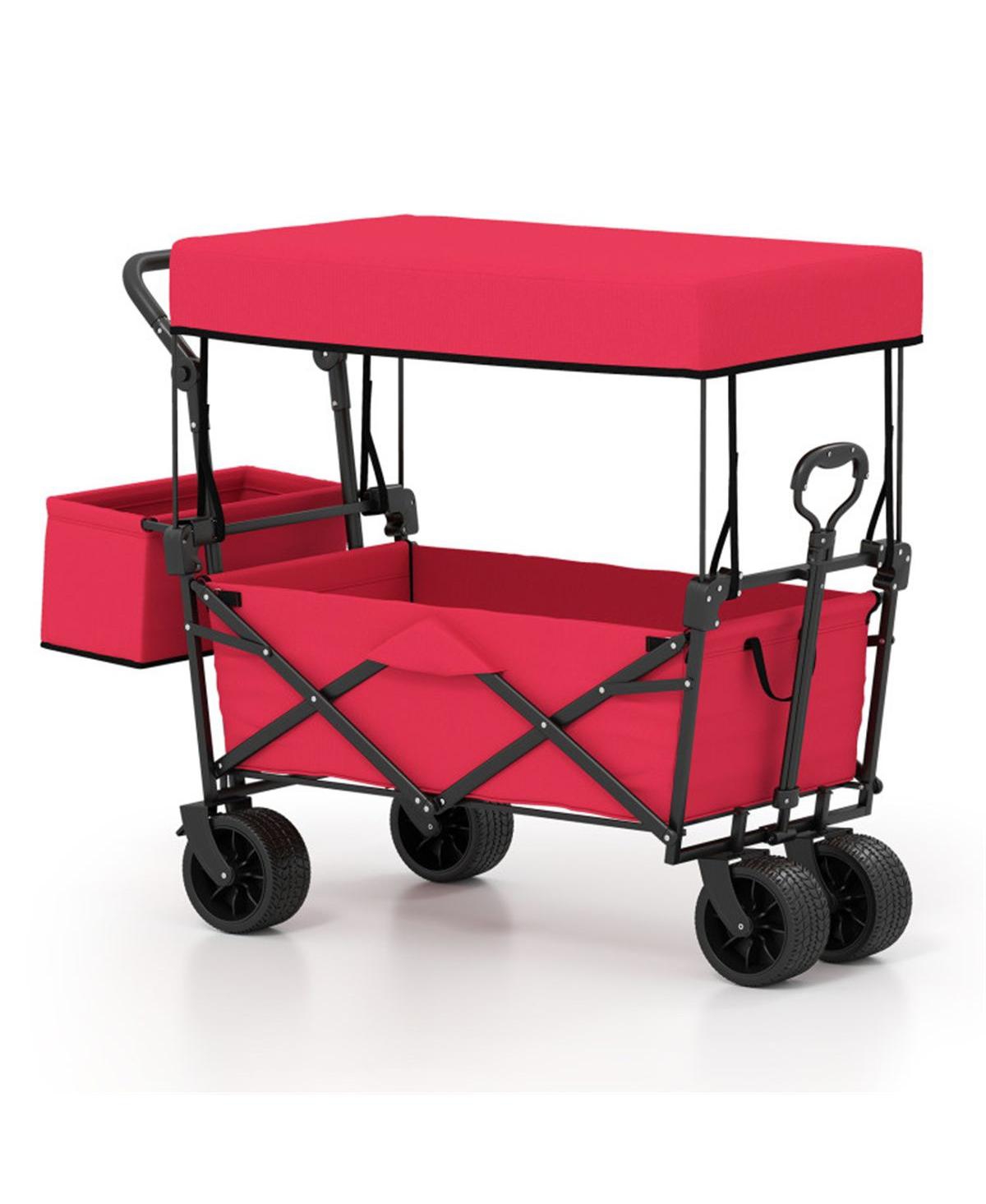 Mountaintop Foldable Utility Wagon,Adjustable Handle Outdoor Wagon, Puncture-Proof Wheels with Brakes, Removable Bag and Side Pockets-Red