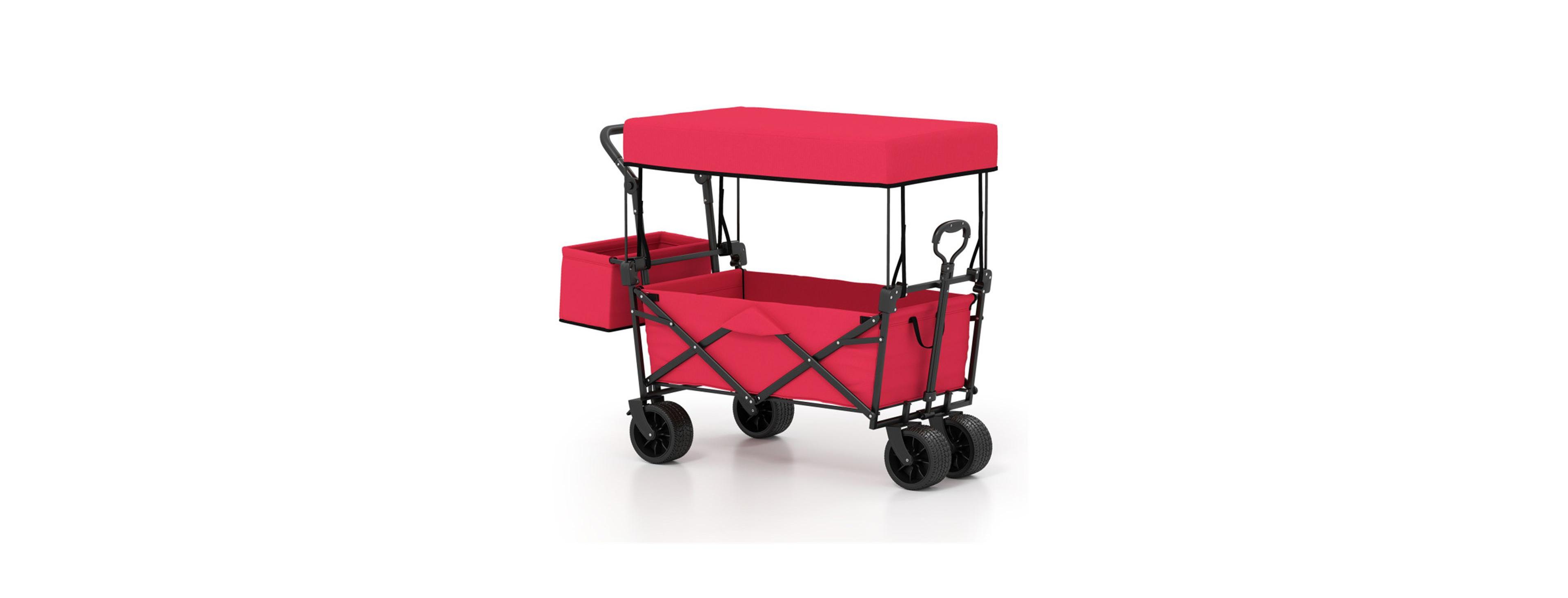 Mountaintop Foldable Utility Wagon,Adjustable Handle Outdoor Wagon, Puncture-Proof Wheels with Brakes, Removable Bag and Side Pockets-Red
