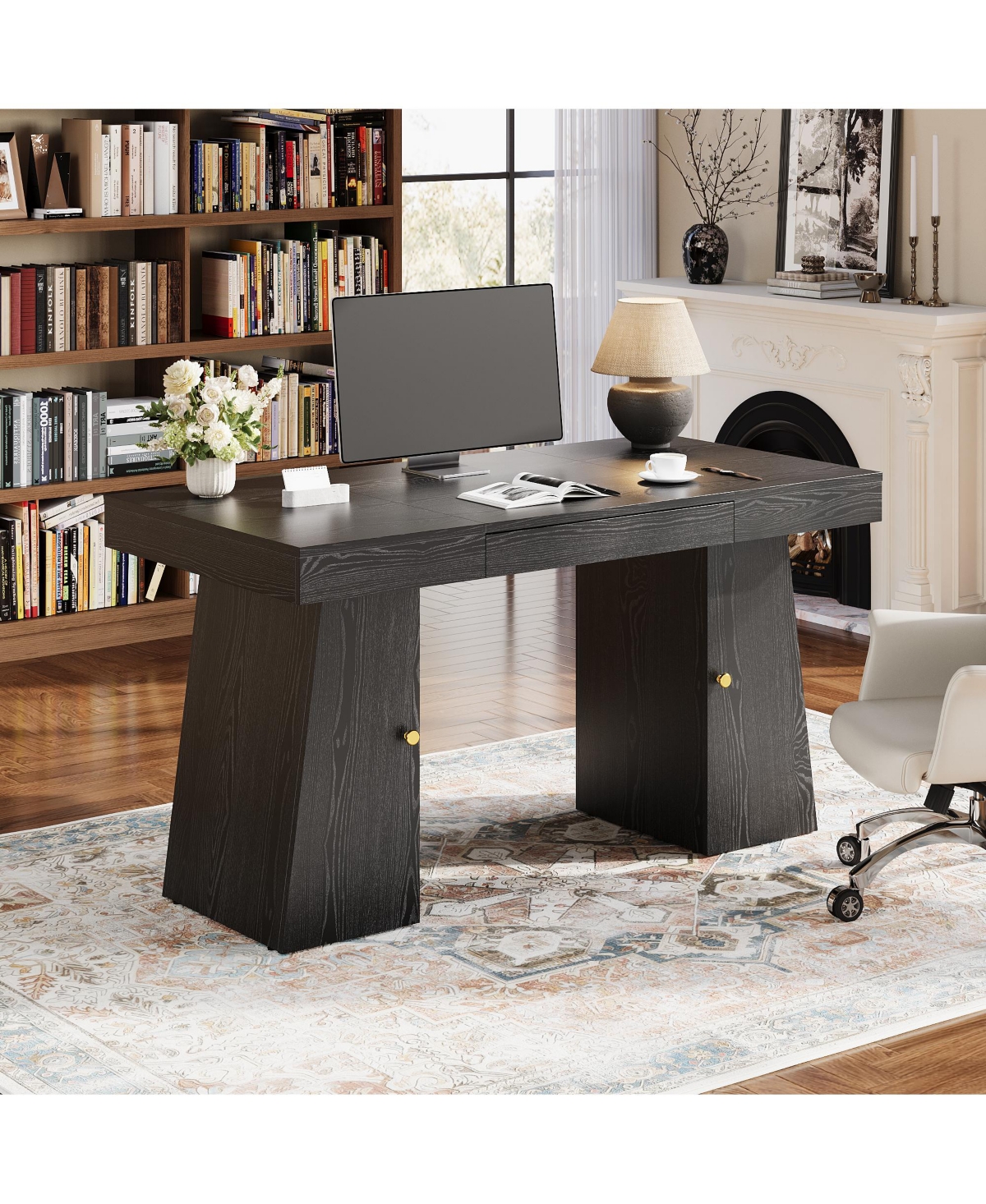 homfan Spacious Modern Computer Desk with Drawers, Writing Table, Storage Shelves for Home Office, Durable Workstation