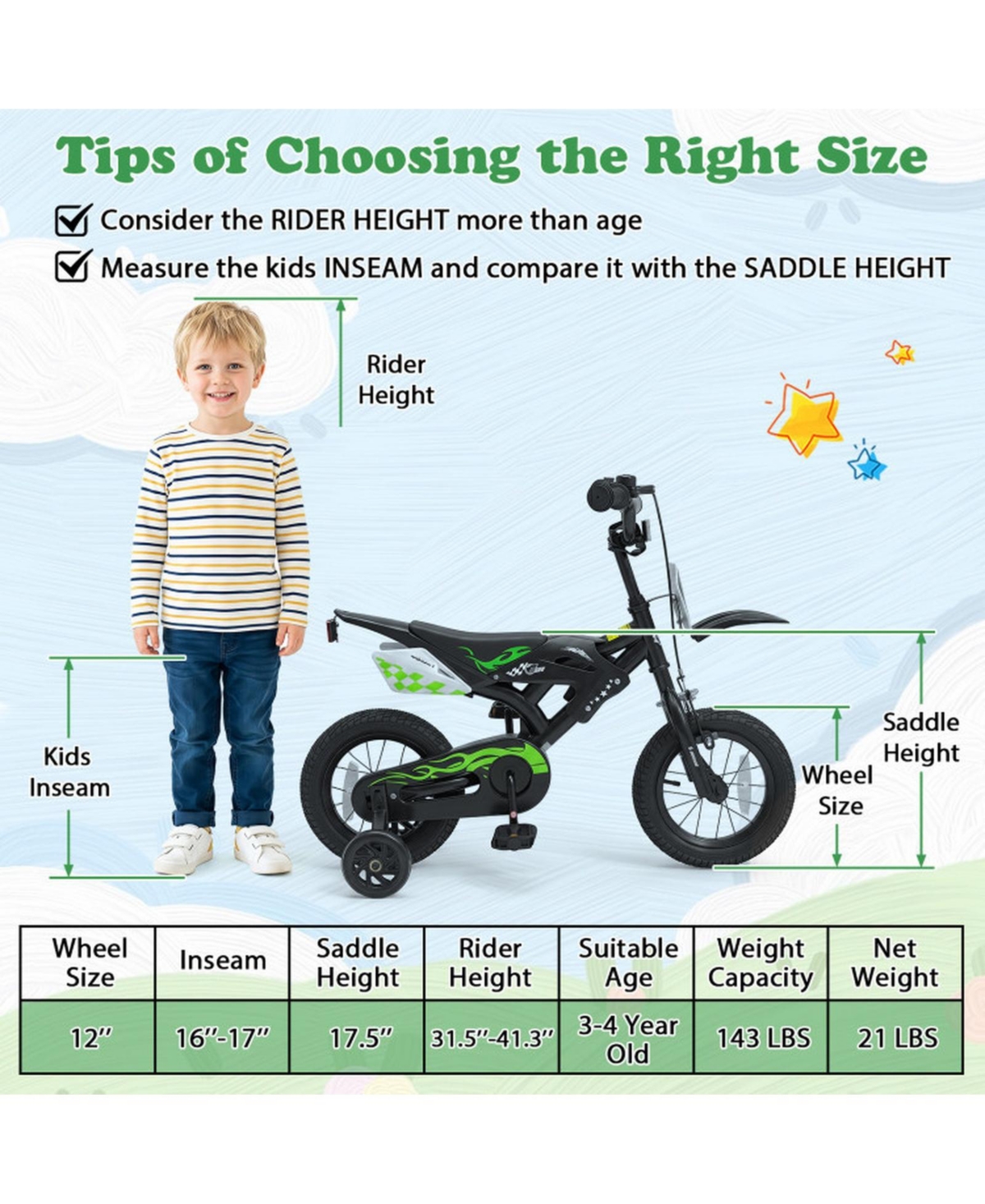 Sugift 12" Kids Bike Motorcycle-Inspired with Detachable Training Wheels, Ages 3-4