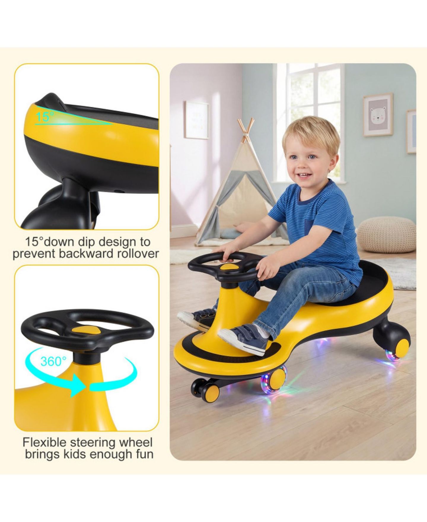 Детская игрушка SUGIFT Ride-On Wiggle Toy Car with Flashing Wheels, Battery-Free, Ages 3-8, цвет: Жёлтый — фото 7