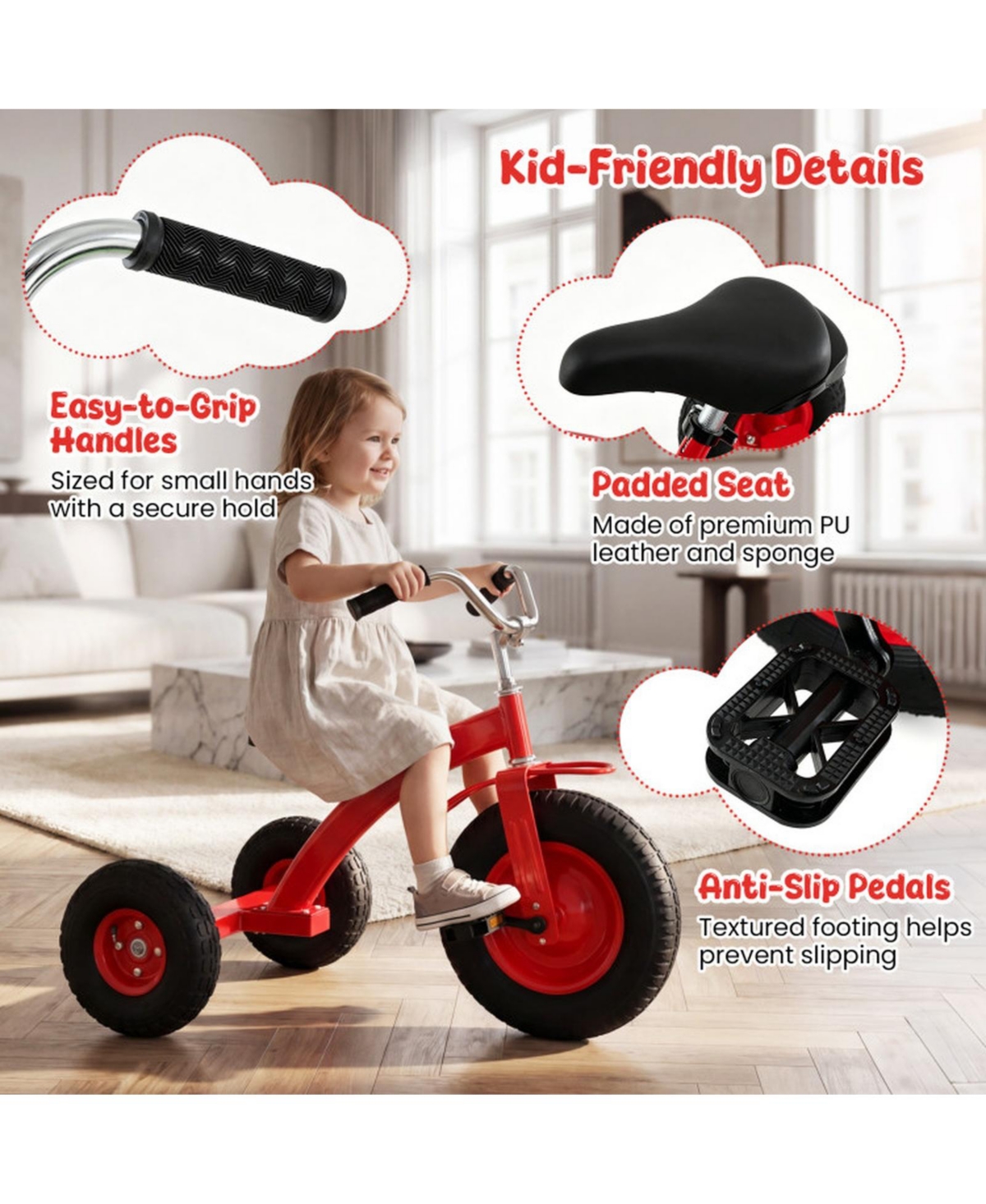 Sugift Carbon Steel Kids' Bike with Adjustable Handlebar and Seat, 15" Inflatable Rubber Tires, 200 lb Capacity, Ages 3+