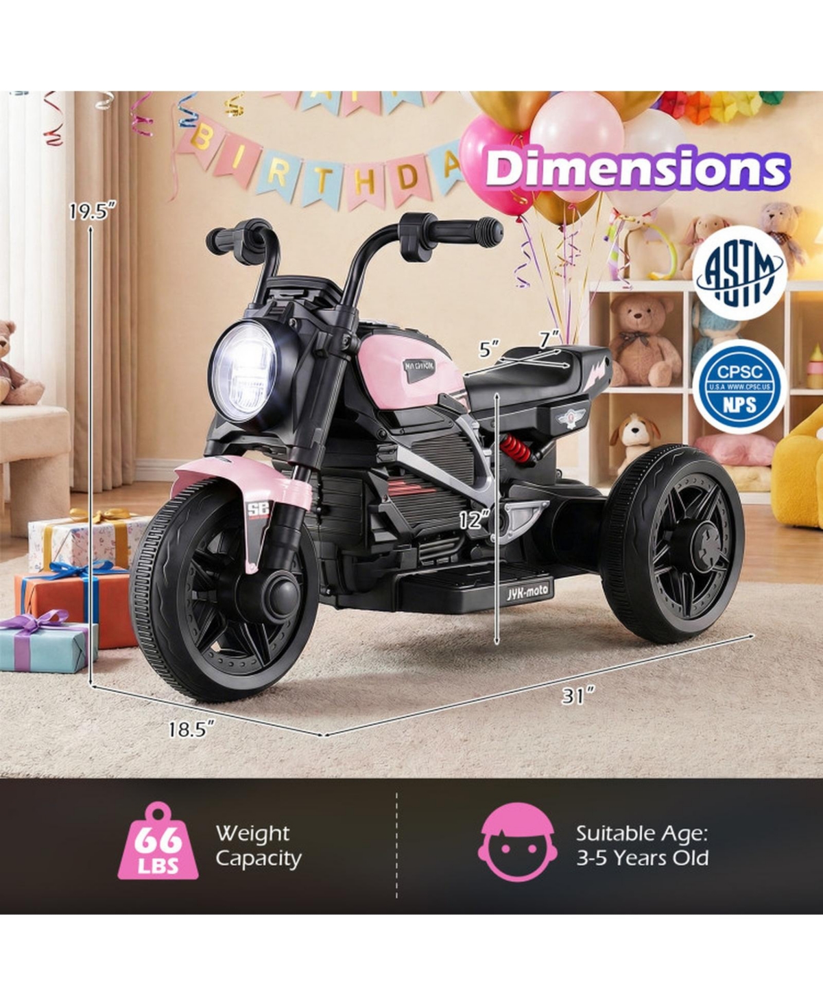 Sugift Kids Electric 3-Wheel Motorcycle with Rechargeable Battery and Led Headlight, Ages 3-5