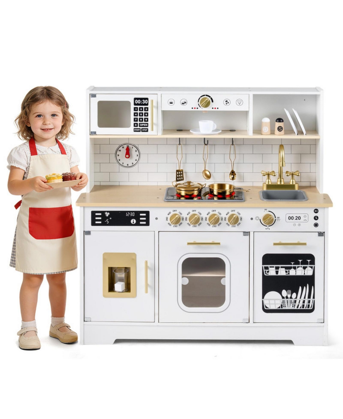 Sugift Lights and Sounds Wooden 14-Piece Play Kitchen, Ages 3+