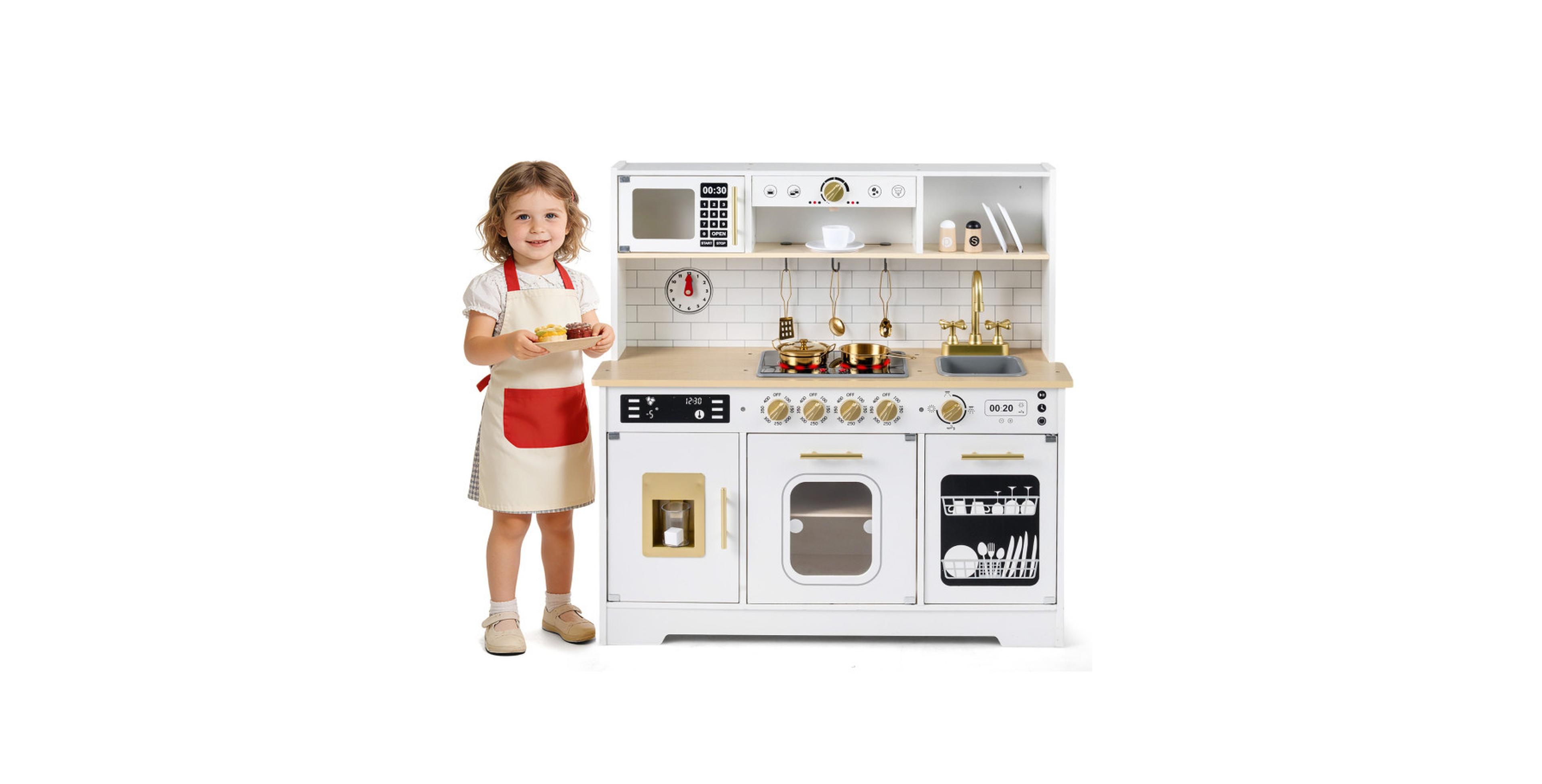 Sugift Lights and Sounds Wooden 14-Piece Play Kitchen, Ages 3+