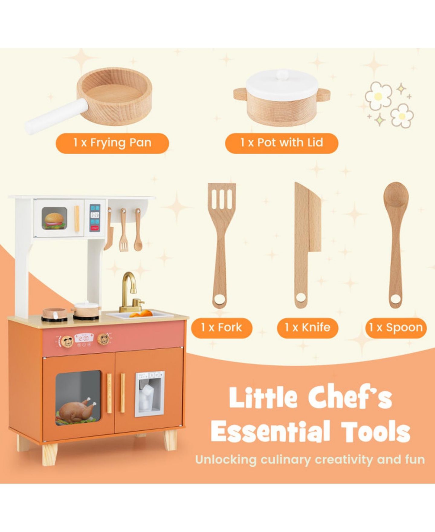 Детская игрушка SUGIFT Kids Play Kitchen with Microwave and Rotation Knobs for Girls Boys Aged 3-6, цвет: Оранжевый — фото 6