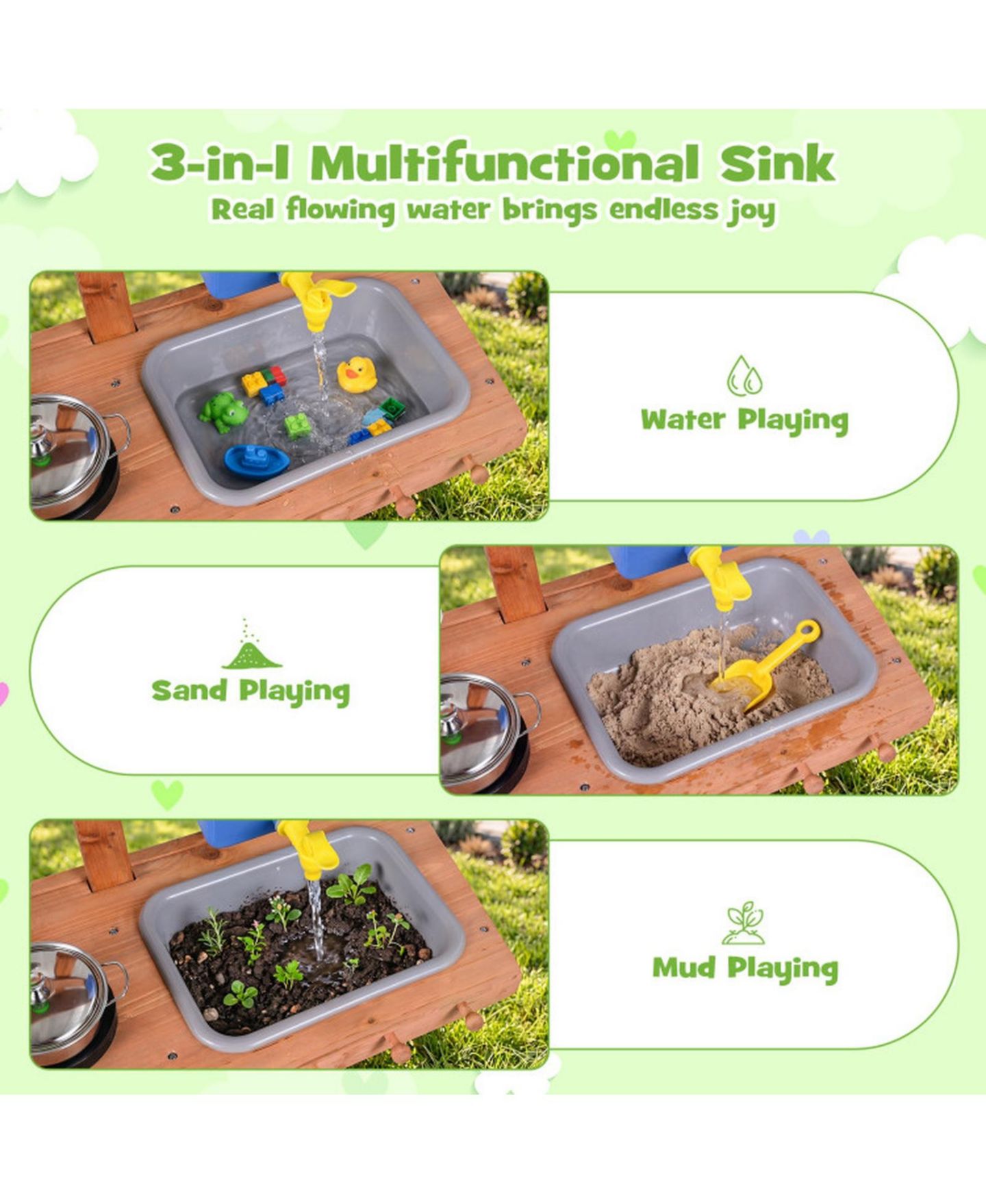 Детские игрушки SUGIFT Water Tank & Sink 15-Piece Mud Kitchen, Ages 3+, цвет: Натуральный — фото 7