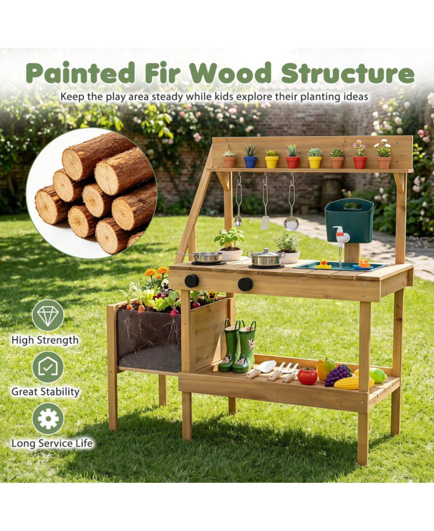 Детская игрушка SUGIFT Wooden Raised Planter Box Mud Play Kitchen with 2 Flowerpots, Ages 3+, цвет: Натуральный — фото 5