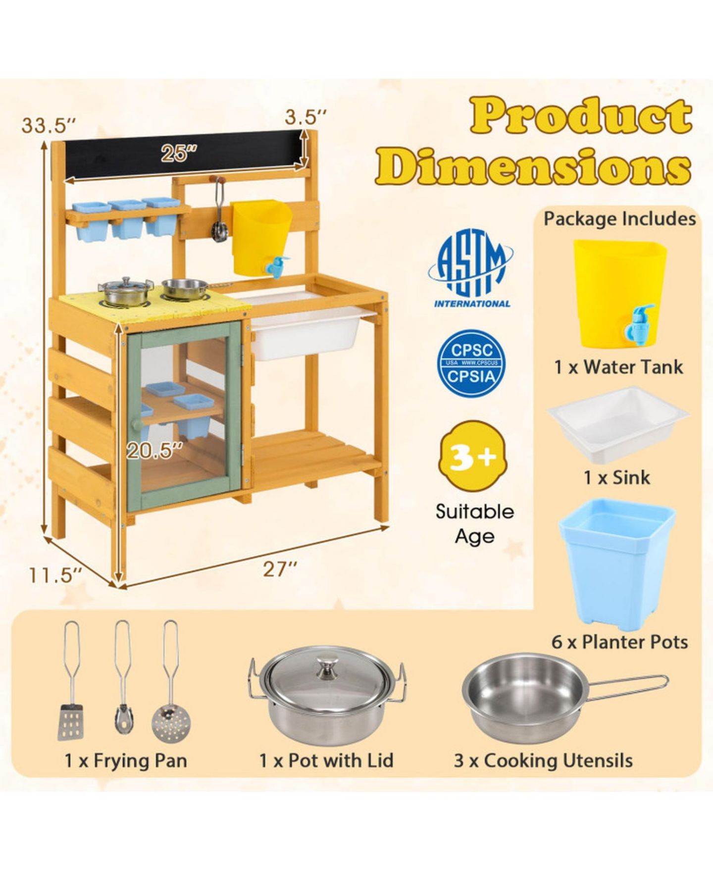Детские игрушки SUGIFT Wooden 13-Piece Mud Kitchen with Water Tank, Faucet, and 2 Stoves, Ages 3+, цвет: Жёлтый — фото 3
