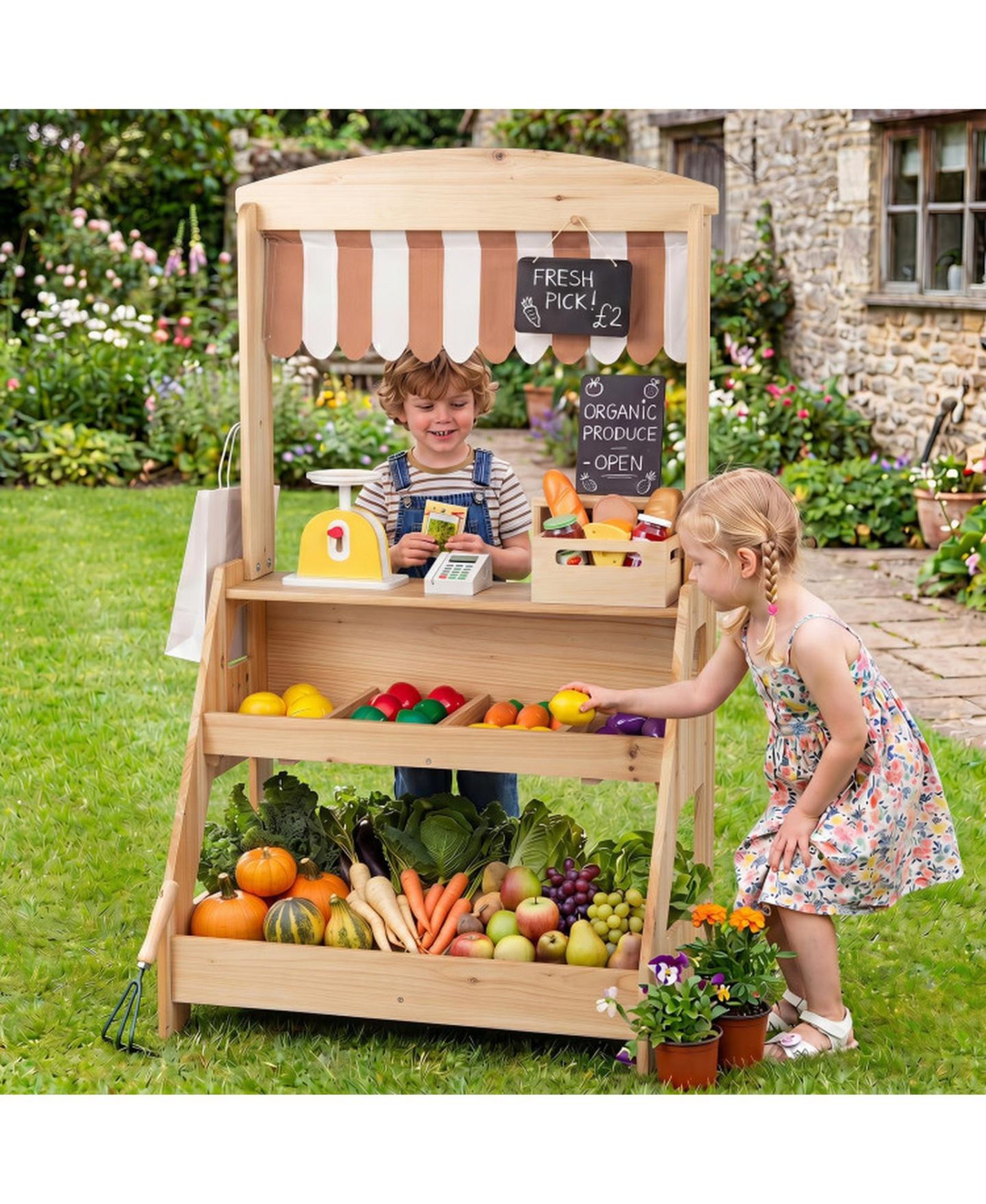 Детский игровой набор SUGIFT 2-in-1 Wooden Mud Kitchen and Market Stand 25-Piece Playset, Ages 3+, цвет: Натуральный — фото 2