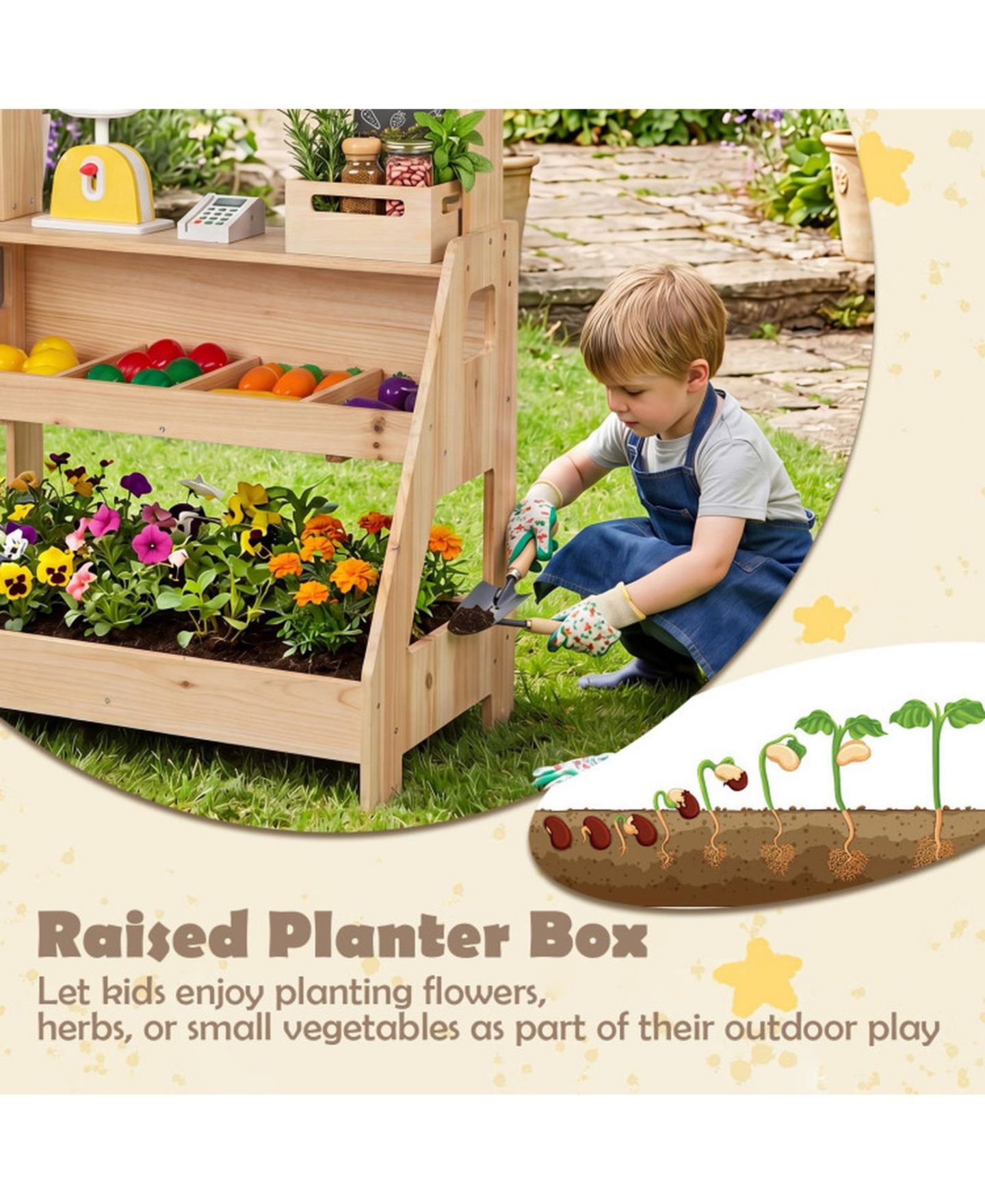 Детский игровой набор SUGIFT 2-in-1 Wooden Mud Kitchen and Market Stand 25-Piece Playset, Ages 3+, цвет: Натуральный — фото 10