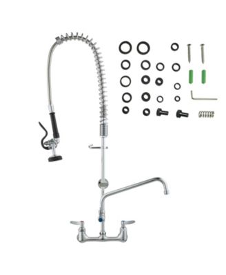 Commercial Wall Mount Kitchen Faucet with Pre Rinse Sprayer 36 Inch Height 8 Inch Center 12 Inch Swing Spout Brass for 1 2 3 Compartment Sink