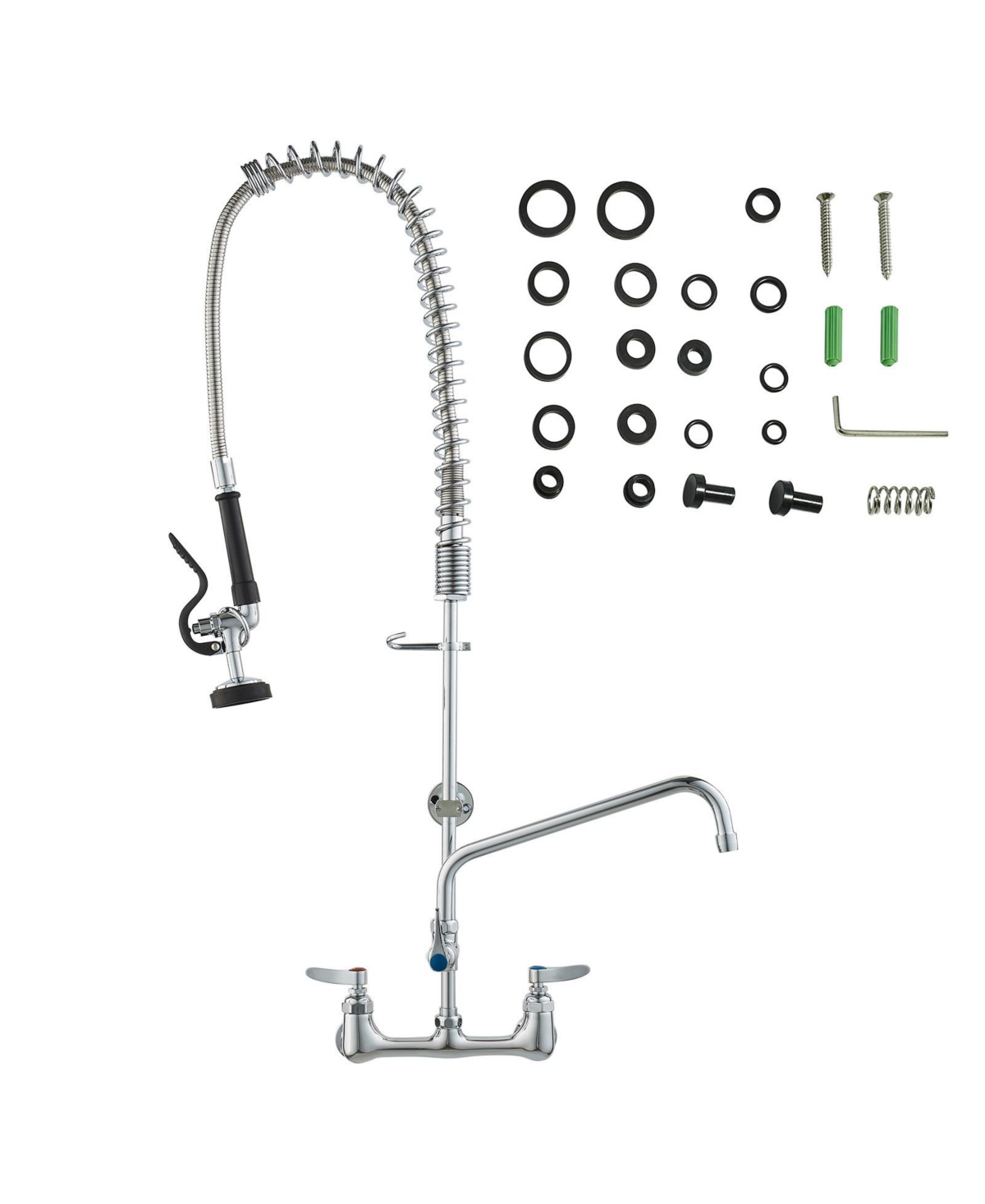 Busdays Commercial Wall Mount Kitchen Faucet with Pre Rinse Sprayer 36 Inch Height 8 Inch Center 12 Inch Swing Spout Brass for 1 2 3 Compartment Sink