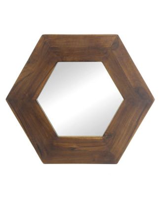 18.5 x 18.5 Inch Dark Brown Hexagon Mirror with Solid Wood Frame Wall Decor for Living Room Bathroom Hallway