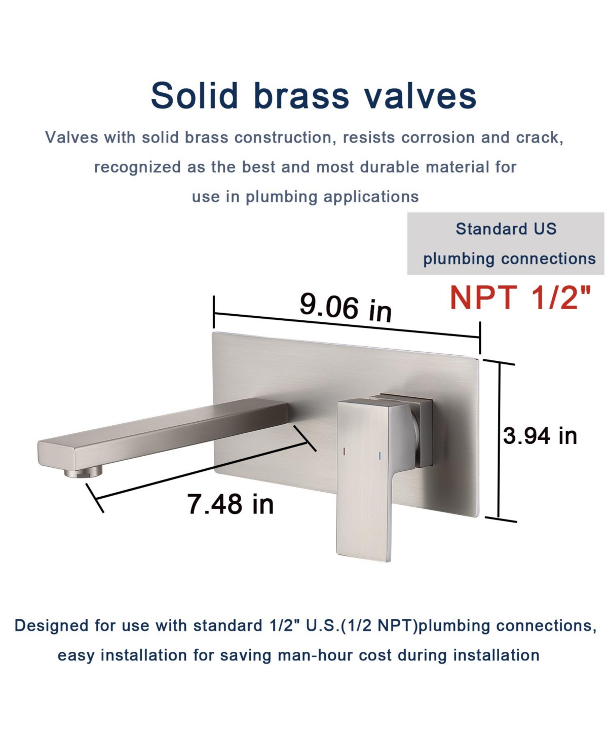 Busdays Wall Mount Faucet for Bathroom Sink or Bathtub Single Handle 2 Hole Brass Rough in Valve Included Brushed Nickel