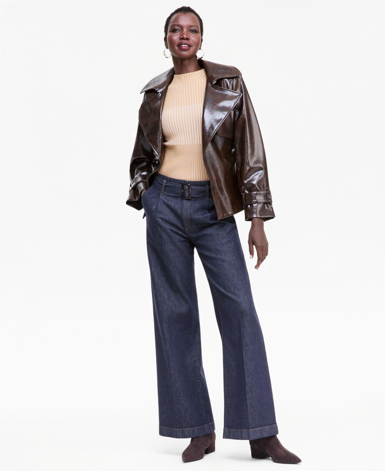 Women's Crocodile-Embossed Belted Faux Leather Jacket
