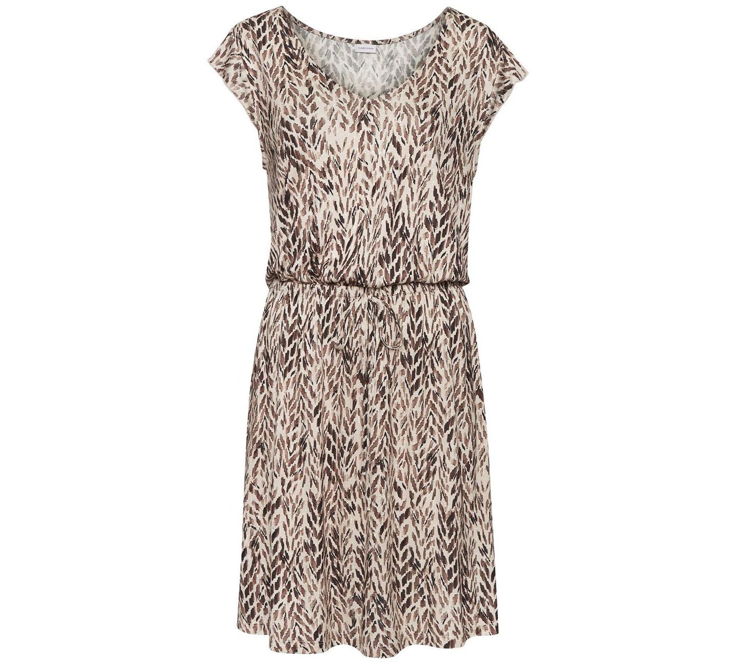 Женское платье LASCANA Viscose Printed Short Sleeve A-Line V-Neck Ruched Short, цвет: Коричневый с принтом — фото 3