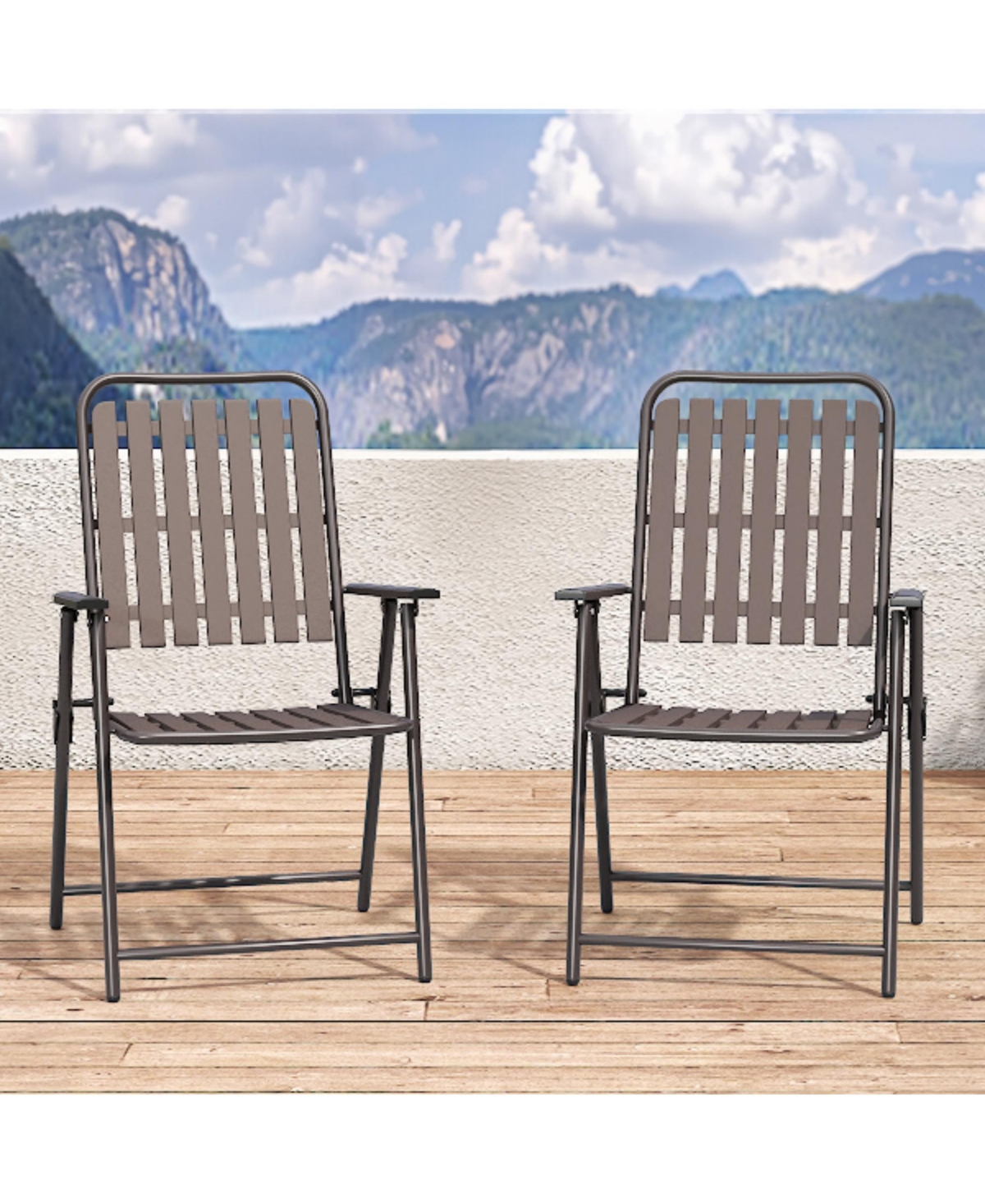 Clihome 2 Pack Foldable Patio Chairs, 350LB Rustproof Metal Wpc Slat Chairs No Assembly