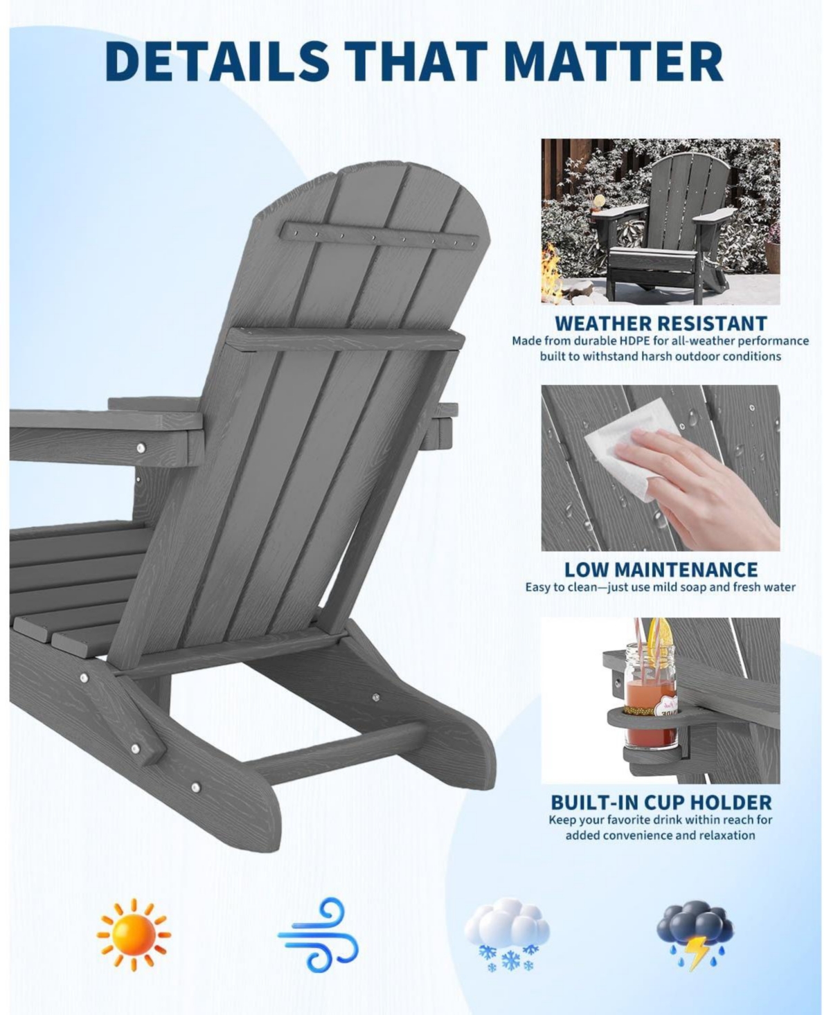 homfan Set of 4 Folding Adirondack Chair All-Weather Hdpe Wood Texture Outdoor Chair with Cup Holder for Patio or Fire Pit