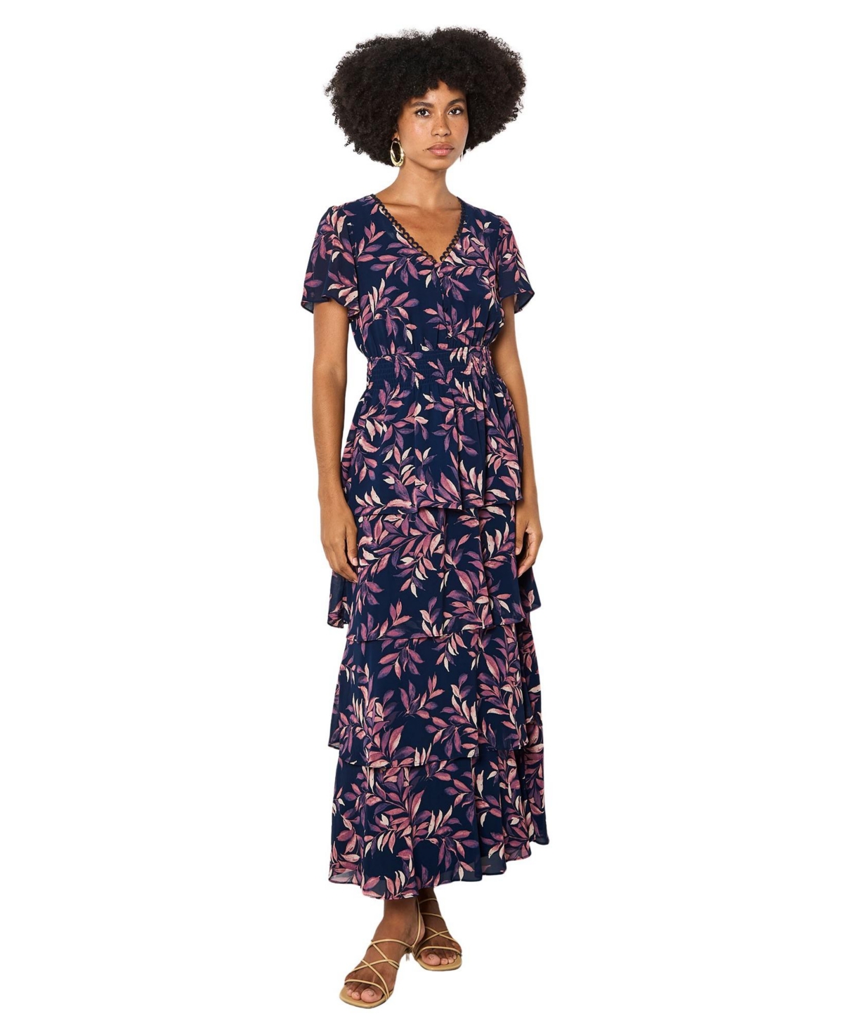 Apricot Women's Tiered Leaf Print Short-Sleeve Dress