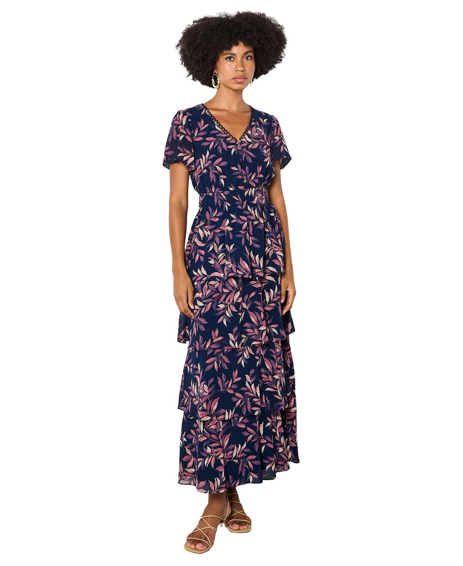 Women's Tiered Leaf Print Short-Sleeve Dress