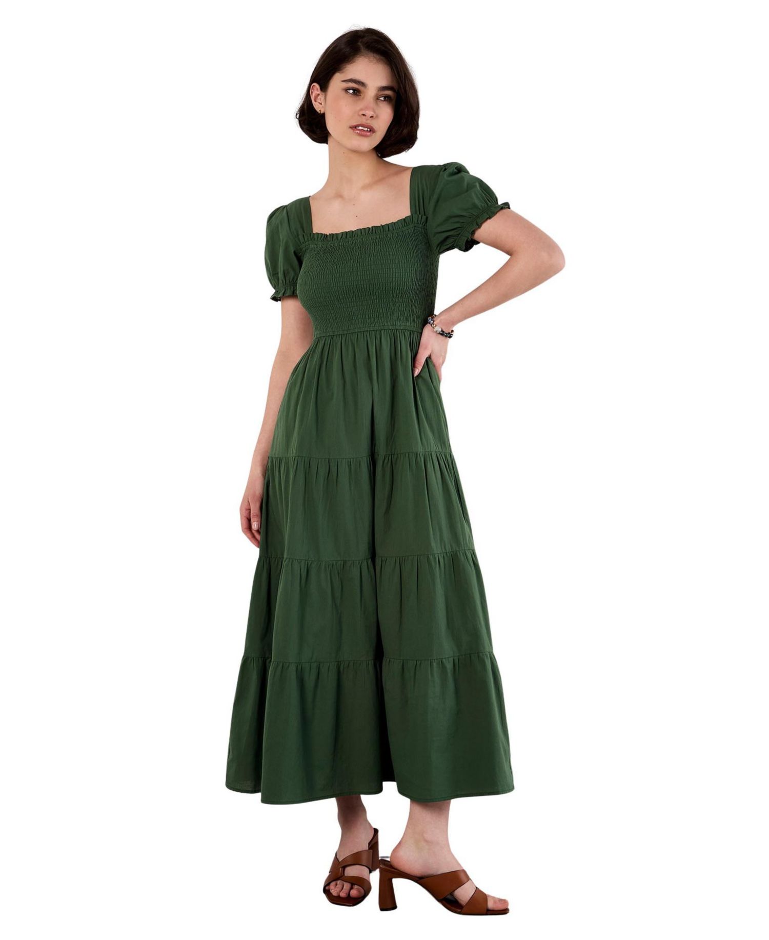 Women's Smocked Cotton Tiered Midi Dress